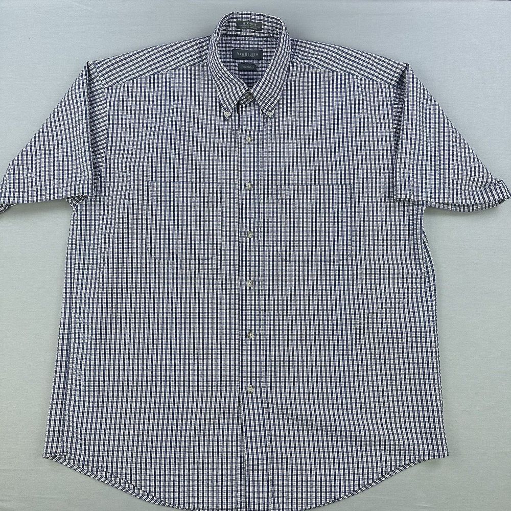 Van Heusen Seersucker Shirt Mens Large Multicolor Plaid Short Sleeve Button Down